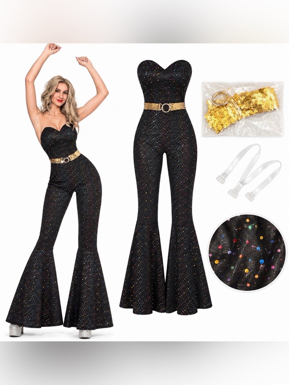 Women’s Disco Costume Medium Black Sparkle Bell Bottom Jumpsuit 70s Halloween